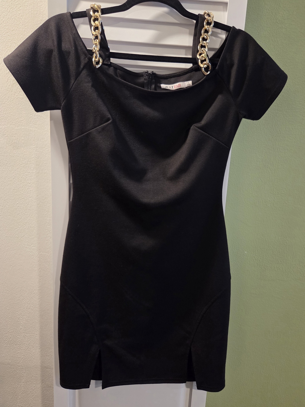 Women Small JustFab Black Mini Dress with Gold Chain Straps